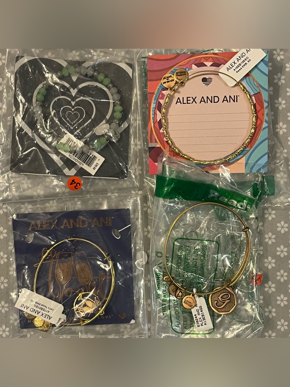 Alex and Ani Lot 4 bracelets Gold Celebration Charm Bangle, G, Green Stones NWT